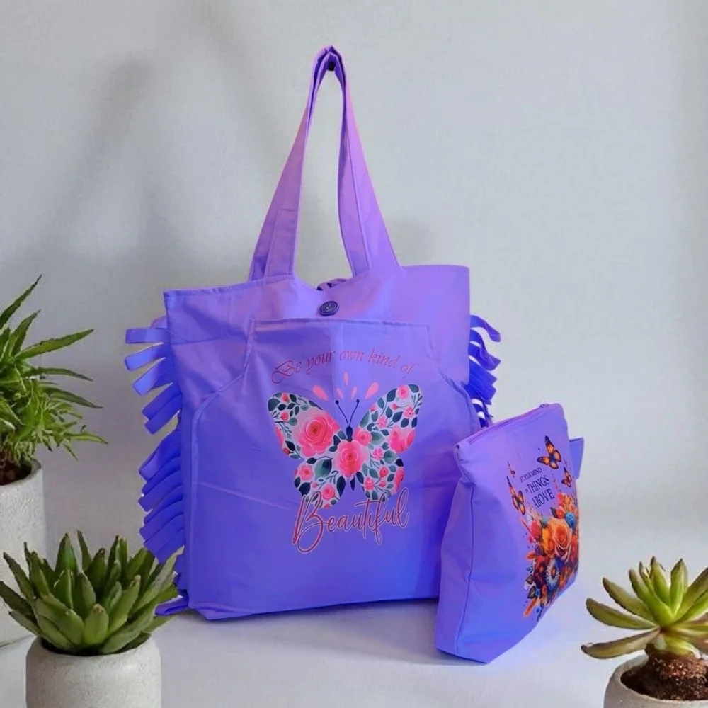 Vibrant Purple Tote Bag Set with Floral Design